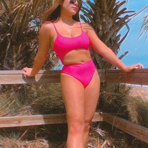 Pink One Piece Cutout Bikini Tie Back